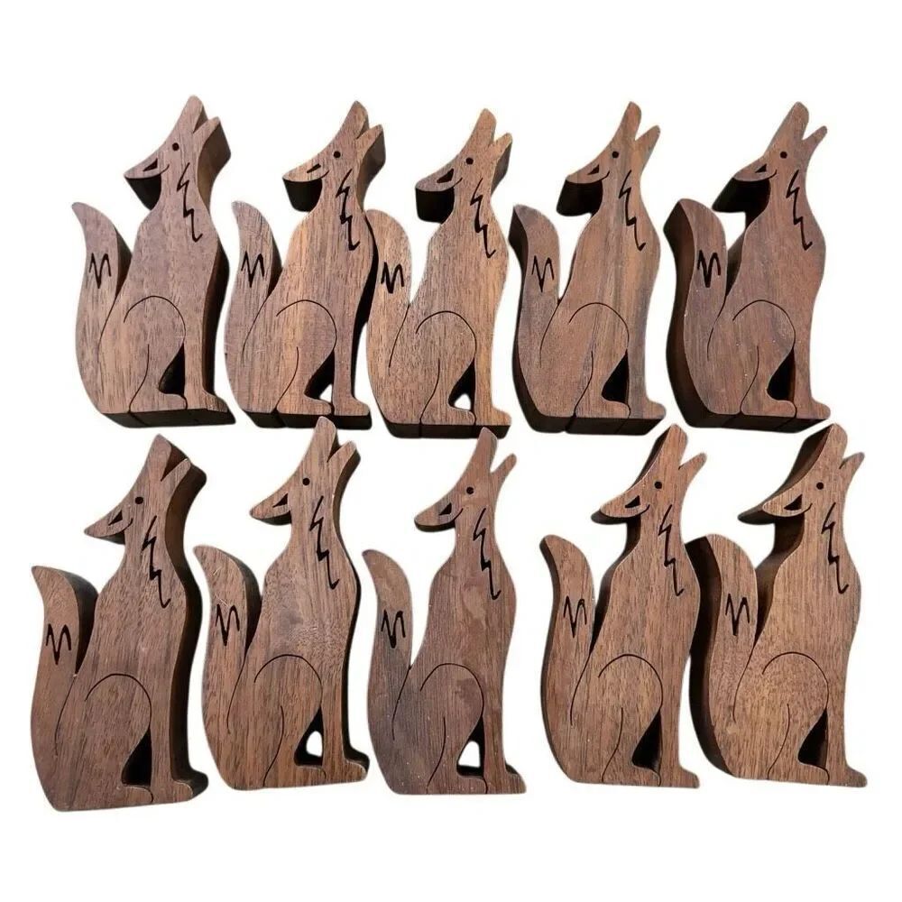 Hand Carved 5” Wooden Coyotes Lot Of 10